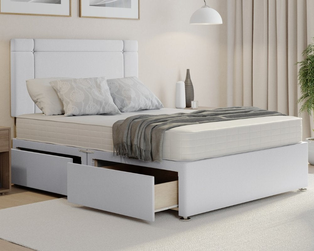 White Plush Clima kingsize divan bed with mattress in Plush fabric, storage.