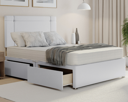 white plush clima style divan bed set with mattress and drawers.