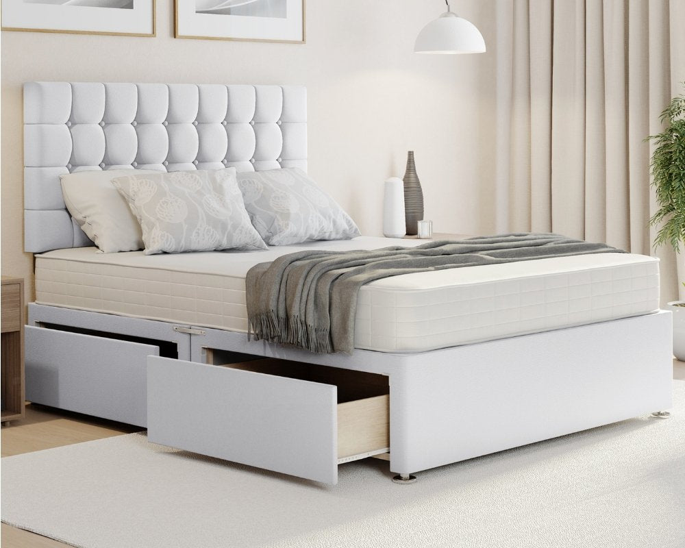 White Plush Cubex single divan bed with storage and headboard in Plush fabric.