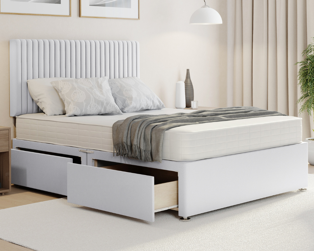 white plush malia divan bed with drawers