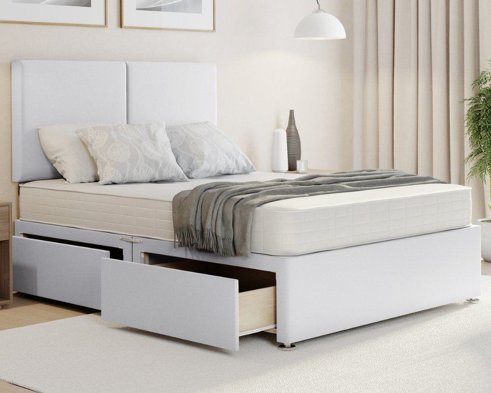 White Plush Orion single divan bed with storage and headboard in Plush fabric.