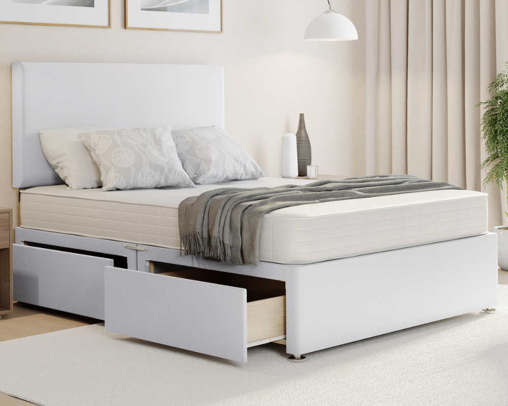 white plush divan bed set with plain headboard