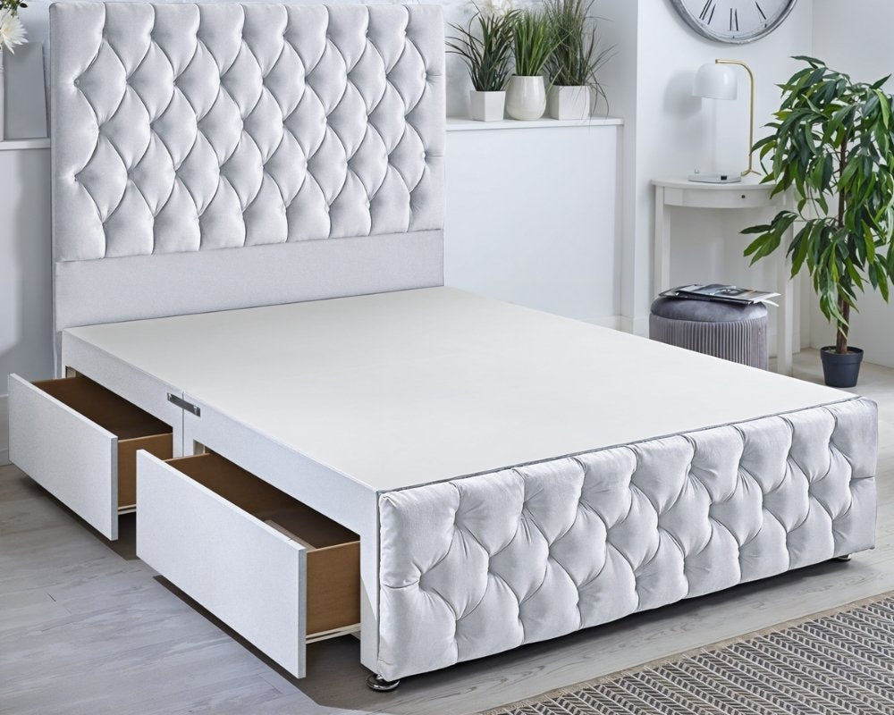 White Premium Chester divan single beds in Plush fabric with footboard, drawers.