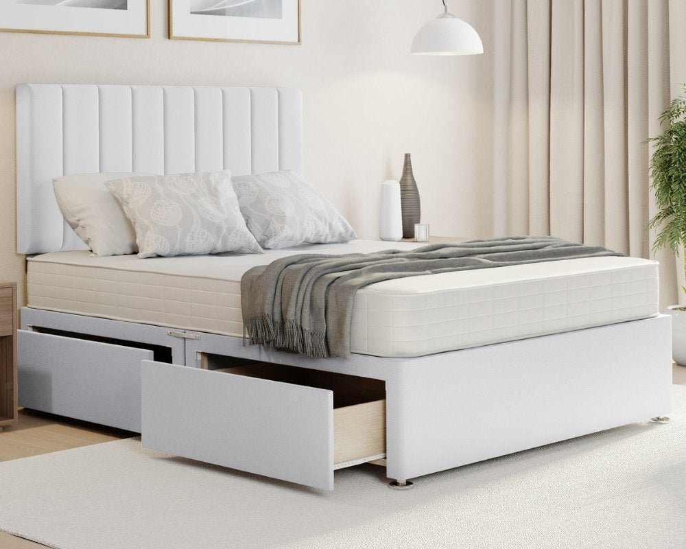 White Plush Stripe kingsize divan bed with mattress in Plush fabric, striped storage.