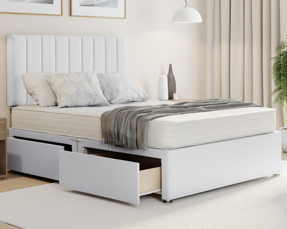 white plush stripe divan bed with drawers and mattress